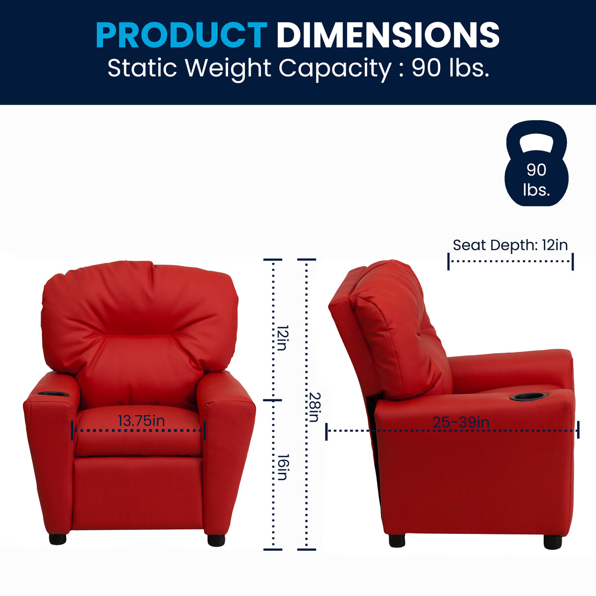 Red Vinyl |#| Contemporary Red Vinyl Kids Recliner with Cup Holder - Hardwood Frame