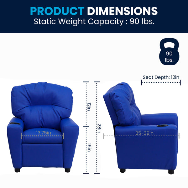 Blue Vinyl |#| Contemporary Blue Vinyl Kids Recliner with Cup Holder - Hardwood Frame