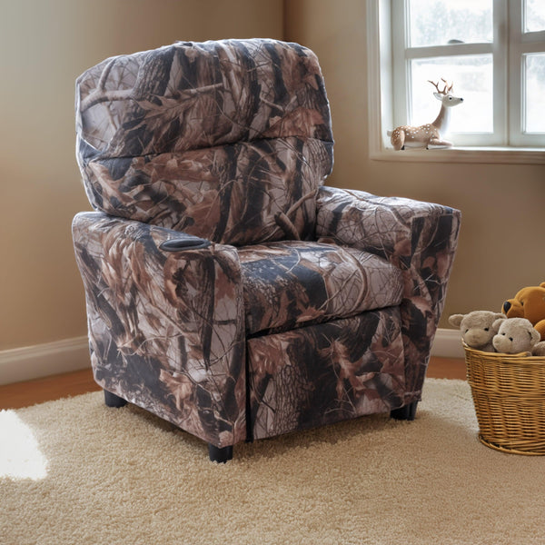 Camouflage Fabric |#| Contemporary Camouflaged Fabric Kids Recliner with Cup Holder - Hardwood Frame