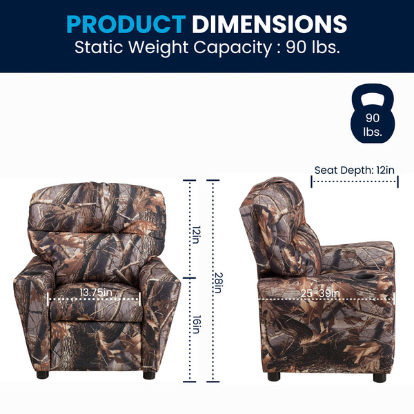 Camouflage Fabric |#| Contemporary Camouflaged Fabric Kids Recliner with Cup Holder - Hardwood Frame
