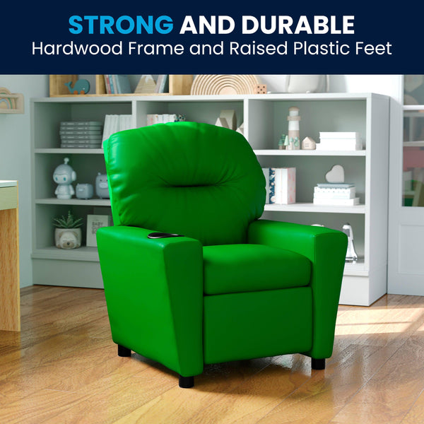 Green Vinyl |#| Contemporary Green Vinyl Kids Recliner with Cup Holder - Hardwood Frame