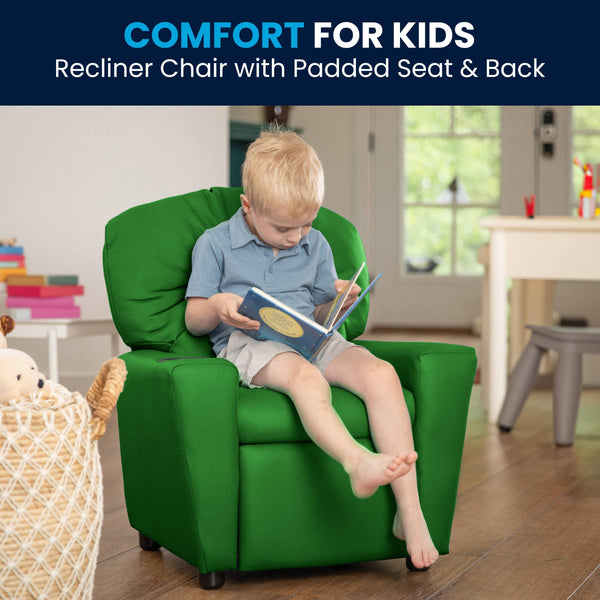Green Vinyl |#| Contemporary Green Vinyl Kids Recliner with Cup Holder - Hardwood Frame