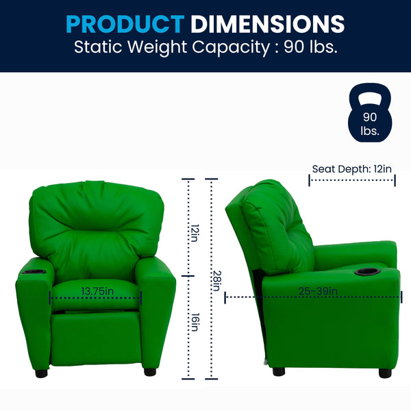 Green Vinyl |#| Contemporary Green Vinyl Kids Recliner with Cup Holder - Hardwood Frame