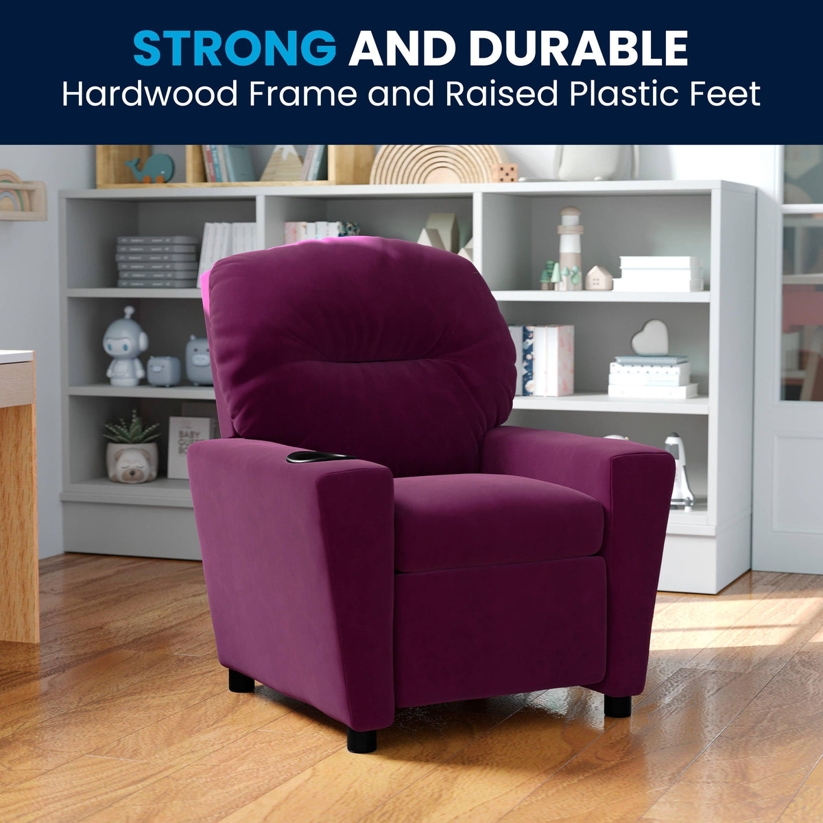 Purple Microfiber |#| Contemporary Purple Microfiber Kids Recliner with Cup Holder - Hardwood Frame