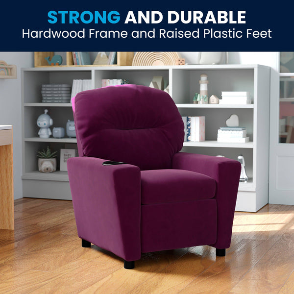 Purple Microfiber |#| Contemporary Purple Microfiber Kids Recliner with Cup Holder - Hardwood Frame