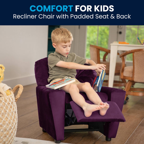Purple Microfiber |#| Contemporary Purple Microfiber Kids Recliner with Cup Holder - Hardwood Frame