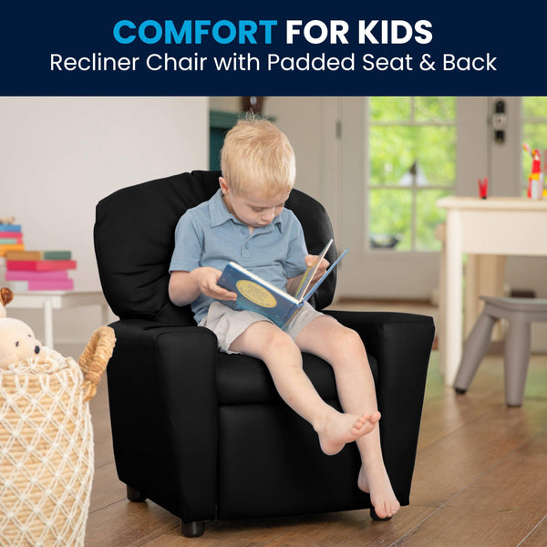 Black LeatherSoft |#| Contemporary Black LeatherSoft Kids Recliner with Cup Holder - Hardwood Frame