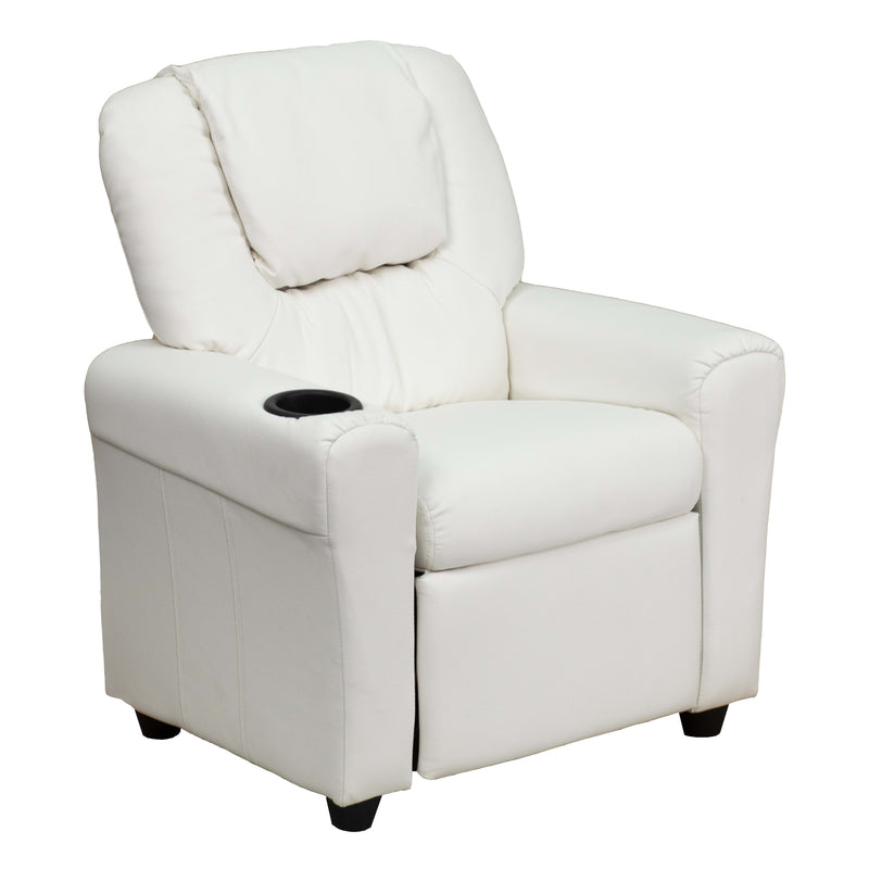 White Vinyl |#| Contemporary White Vinyl Kids Recliner with Cup Holder and Headrest