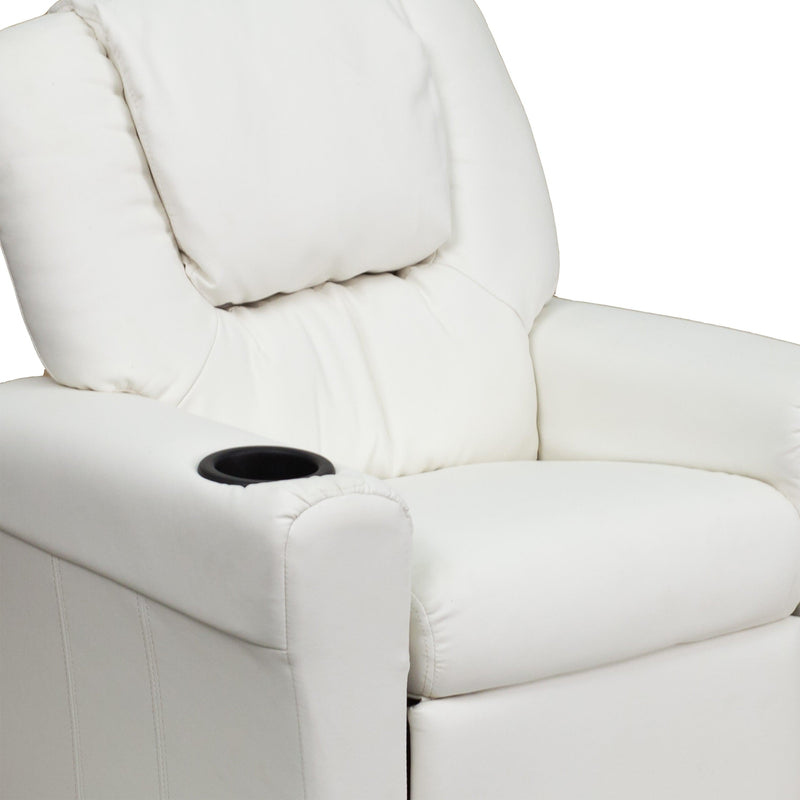 White Vinyl |#| Contemporary White Vinyl Kids Recliner with Cup Holder and Headrest