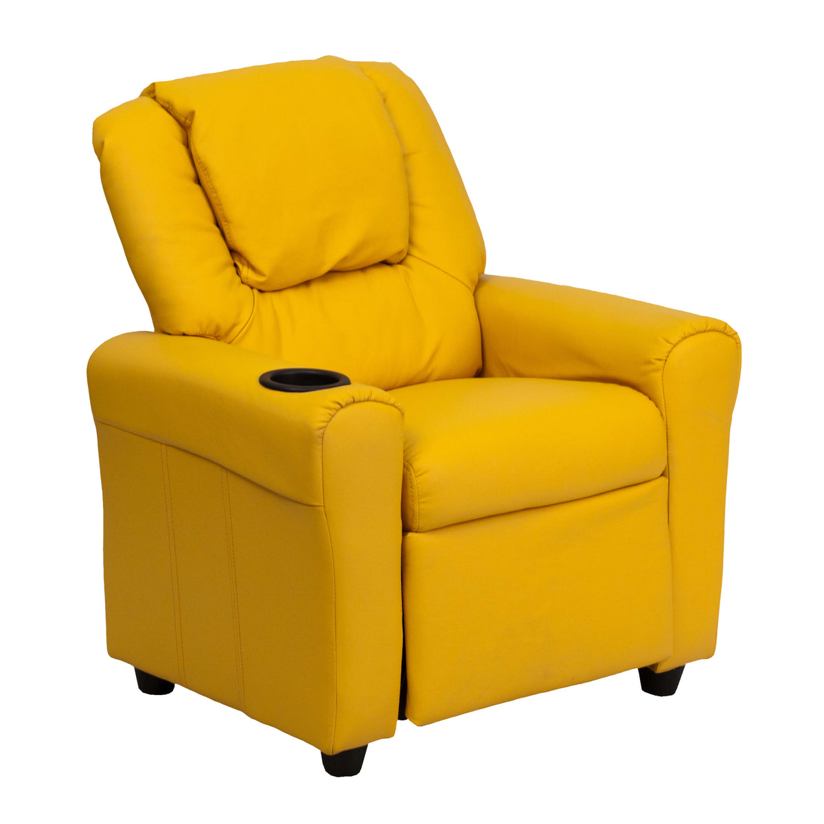 Yellow Vinyl |#| Contemporary Yellow Vinyl Kids Recliner with Cup Holder and Headrest