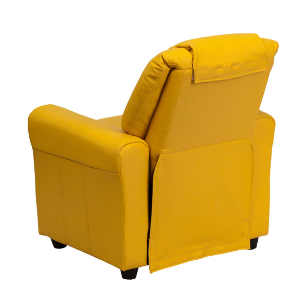 Yellow Vinyl |#| Contemporary Yellow Vinyl Kids Recliner with Cup Holder and Headrest