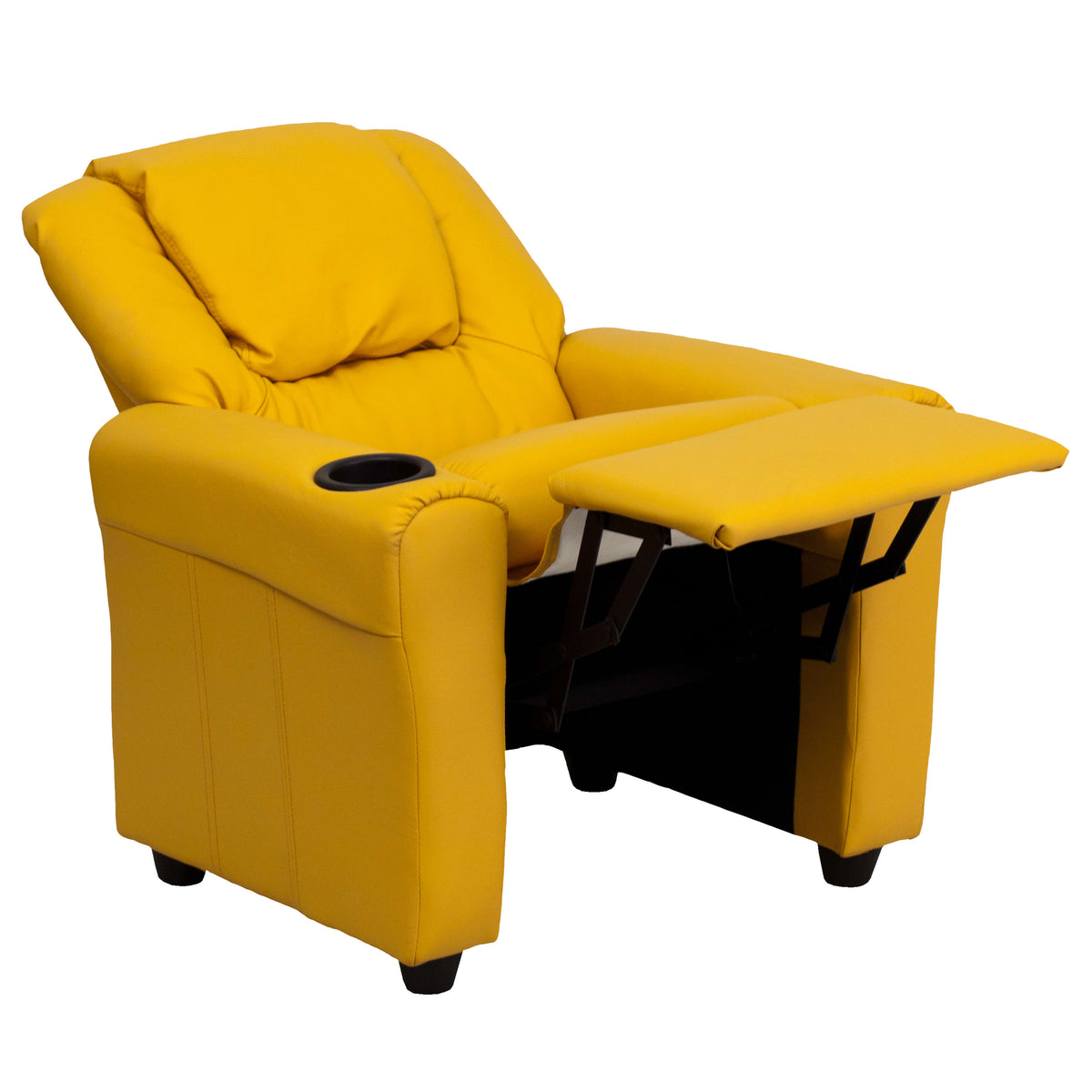 Yellow Vinyl |#| Contemporary Yellow Vinyl Kids Recliner with Cup Holder and Headrest