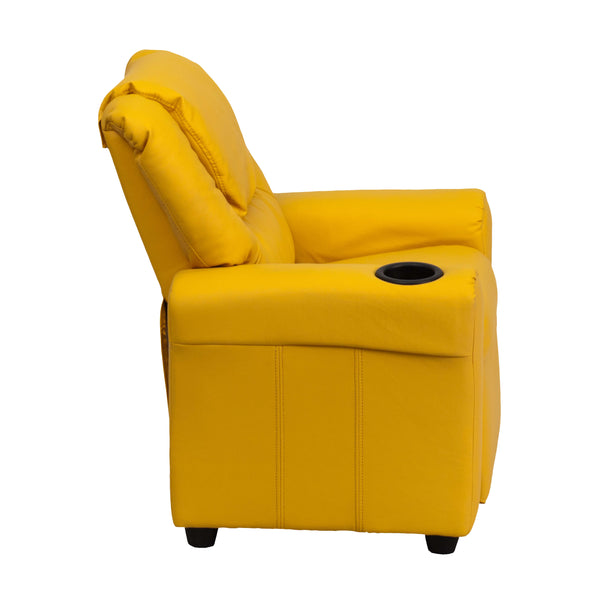 Yellow Vinyl |#| Contemporary Yellow Vinyl Kids Recliner with Cup Holder and Headrest