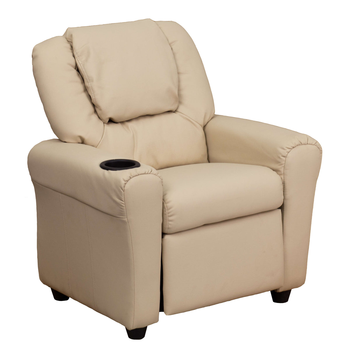 Beige Vinyl |#| Contemporary Beige Vinyl Kids Recliner with Cup Holder and Headrest