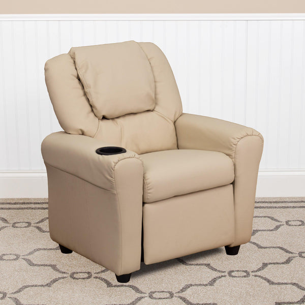 Beige Vinyl |#| Contemporary Beige Vinyl Kids Recliner with Cup Holder and Headrest