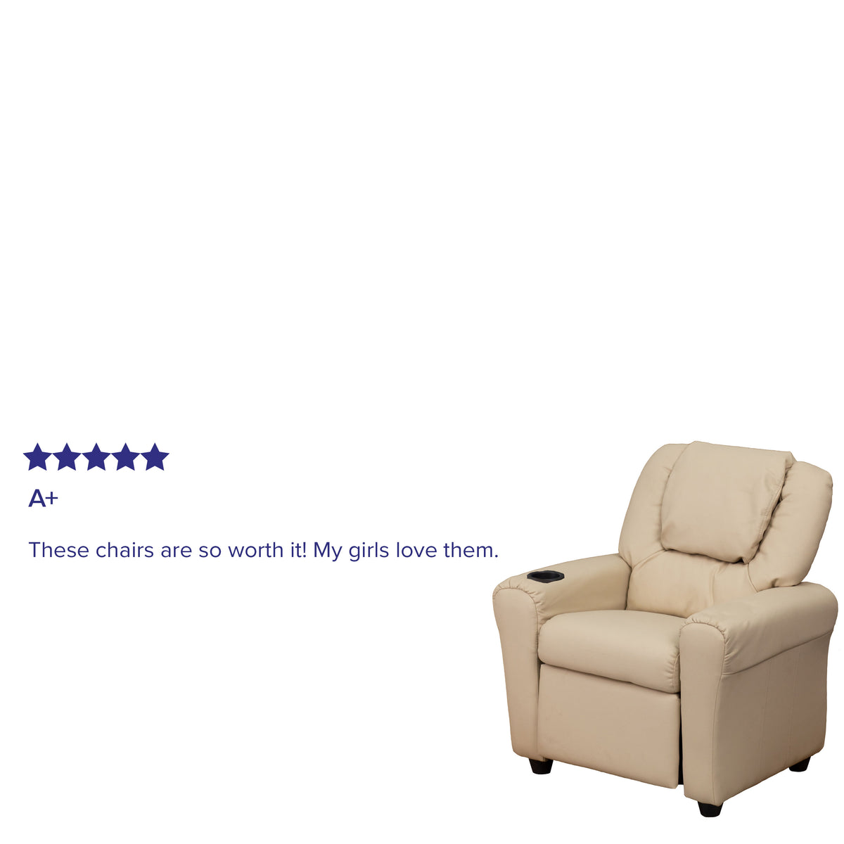 Beige Vinyl |#| Contemporary Beige Vinyl Kids Recliner with Cup Holder and Headrest