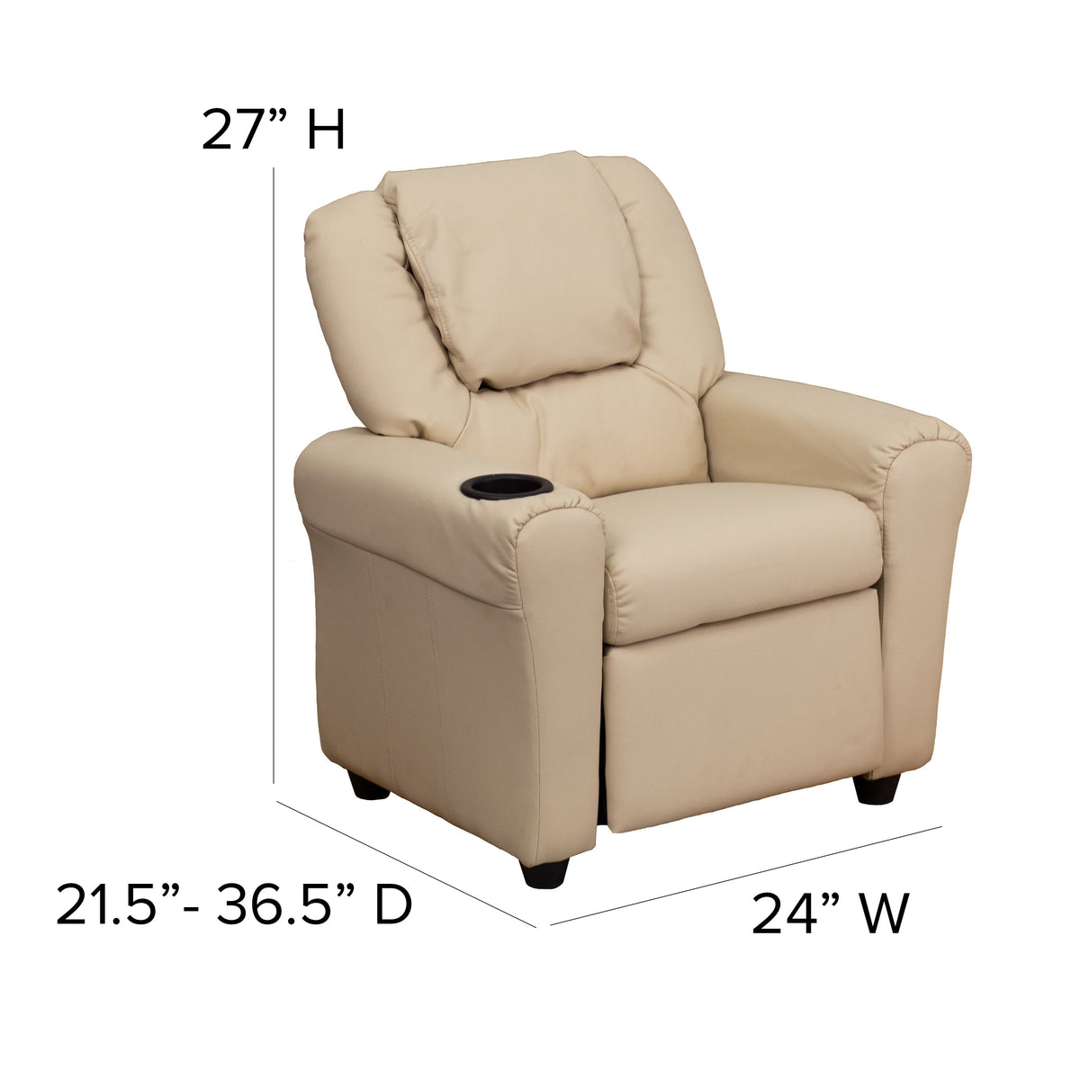 Beige Vinyl |#| Contemporary Beige Vinyl Kids Recliner with Cup Holder and Headrest