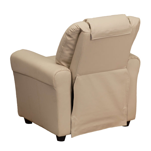 Beige Vinyl |#| Contemporary Beige Vinyl Kids Recliner with Cup Holder and Headrest