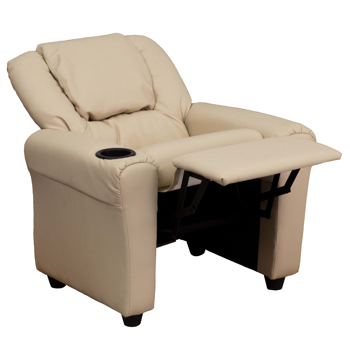 Beige Vinyl |#| Contemporary Beige Vinyl Kids Recliner with Cup Holder and Headrest