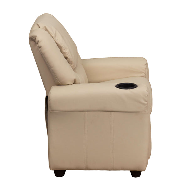 Beige Vinyl |#| Contemporary Beige Vinyl Kids Recliner with Cup Holder and Headrest