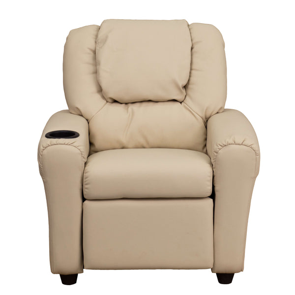 Beige Vinyl |#| Contemporary Beige Vinyl Kids Recliner with Cup Holder and Headrest