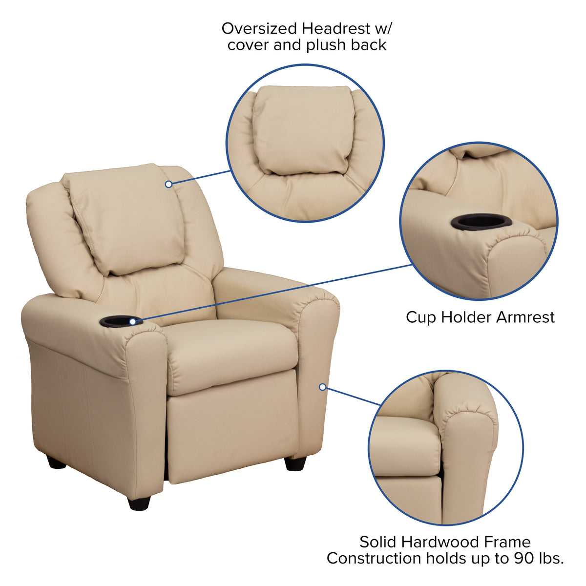 Beige Vinyl |#| Contemporary Beige Vinyl Kids Recliner with Cup Holder and Headrest