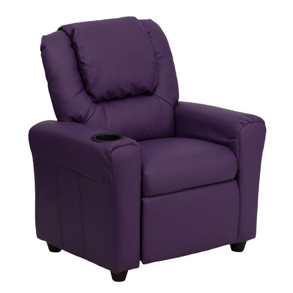 Purple Vinyl |#| Contemporary Purple Vinyl Kids Recliner with Cup Holder and Headrest