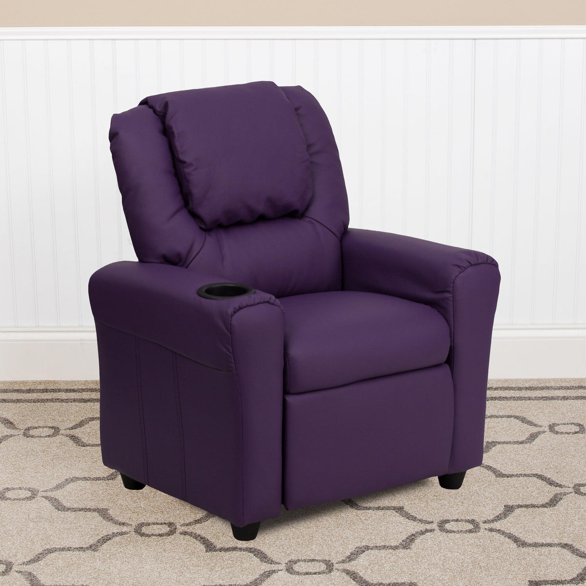Purple Vinyl |#| Contemporary Purple Vinyl Kids Recliner with Cup Holder and Headrest