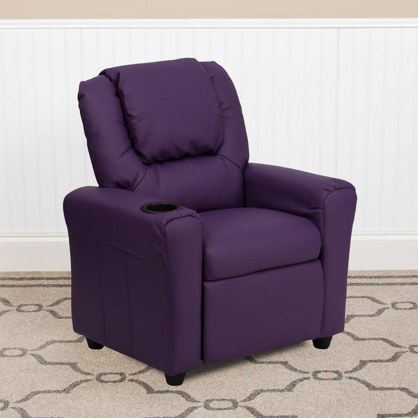 Purple Vinyl |#| Contemporary Purple Vinyl Kids Recliner with Cup Holder and Headrest