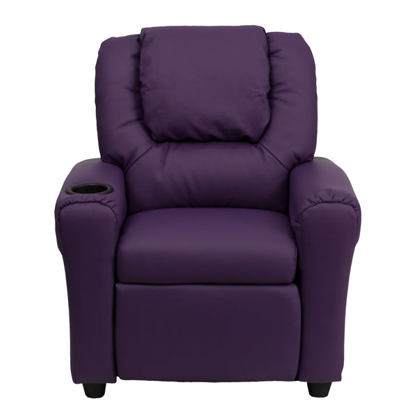 Purple Vinyl |#| Contemporary Purple Vinyl Kids Recliner with Cup Holder and Headrest