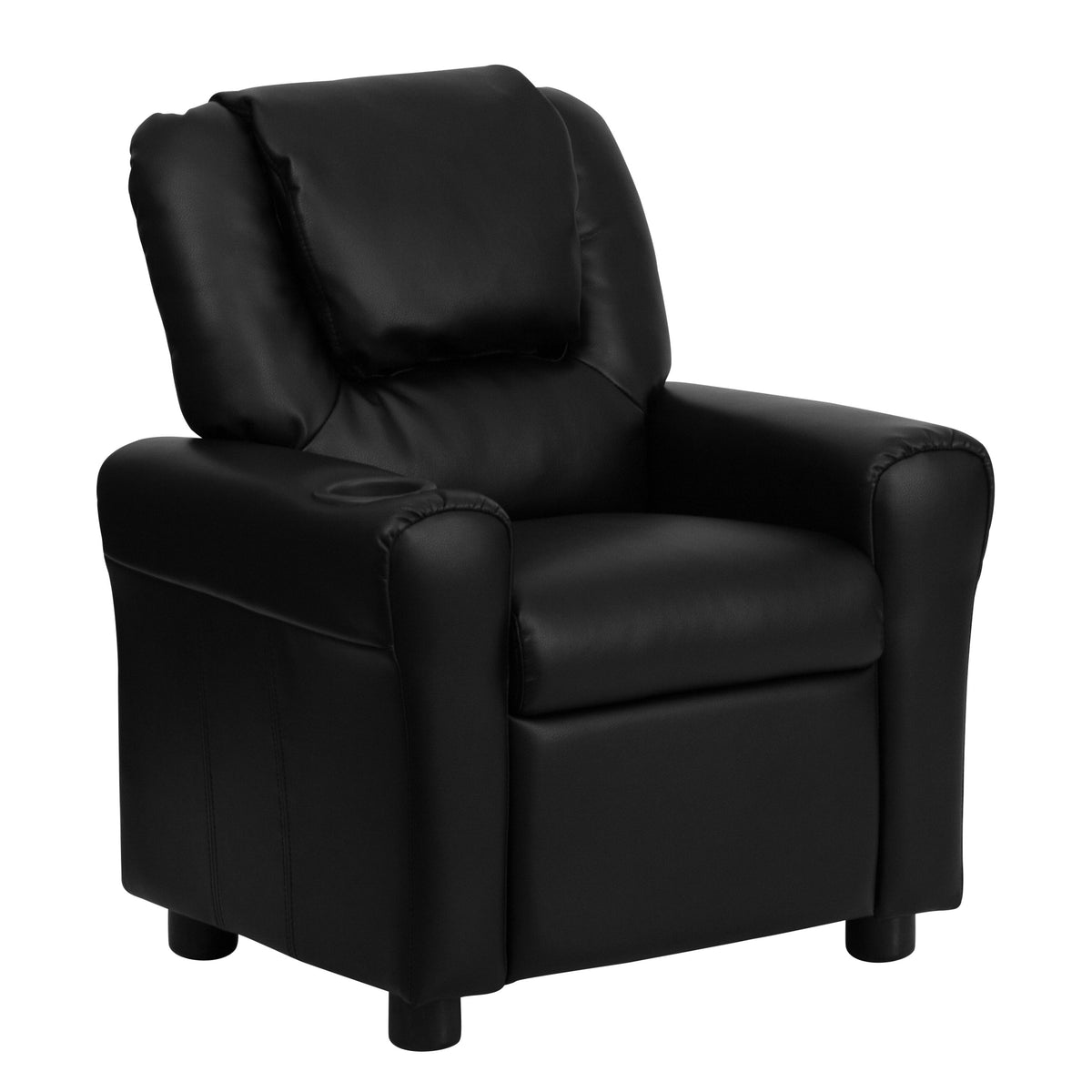 Black LeatherSoft |#| Contemporary Black LeatherSoft Kids Recliner with Cup Holder and Headrest