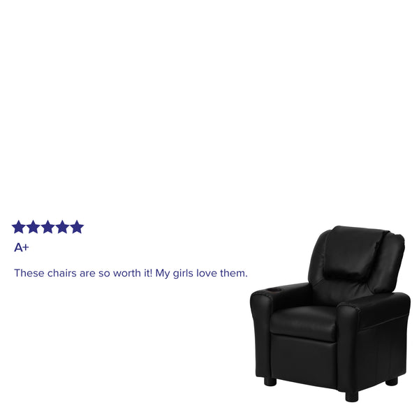 Black LeatherSoft |#| Contemporary Black LeatherSoft Kids Recliner with Cup Holder and Headrest