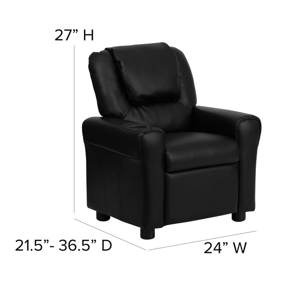 Black LeatherSoft |#| Contemporary Black LeatherSoft Kids Recliner with Cup Holder and Headrest