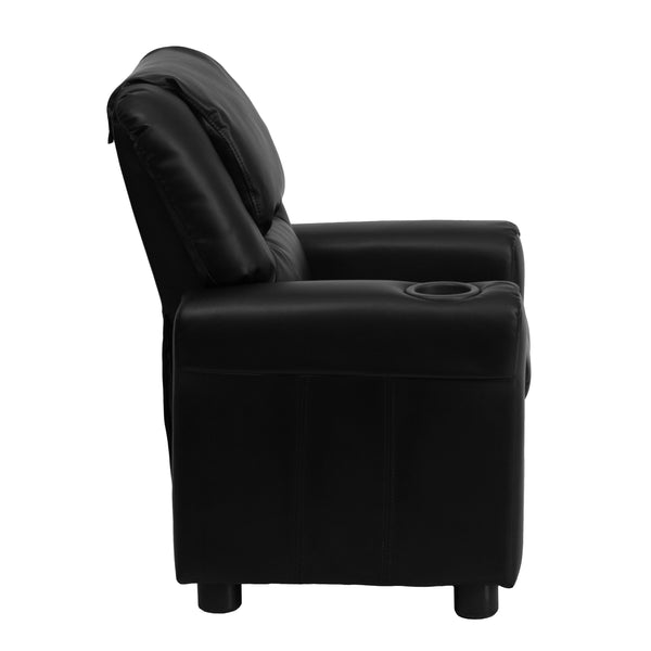 Black LeatherSoft |#| Contemporary Black LeatherSoft Kids Recliner with Cup Holder and Headrest