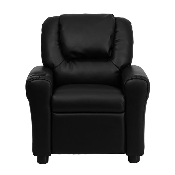 Black LeatherSoft |#| Contemporary Black LeatherSoft Kids Recliner with Cup Holder and Headrest