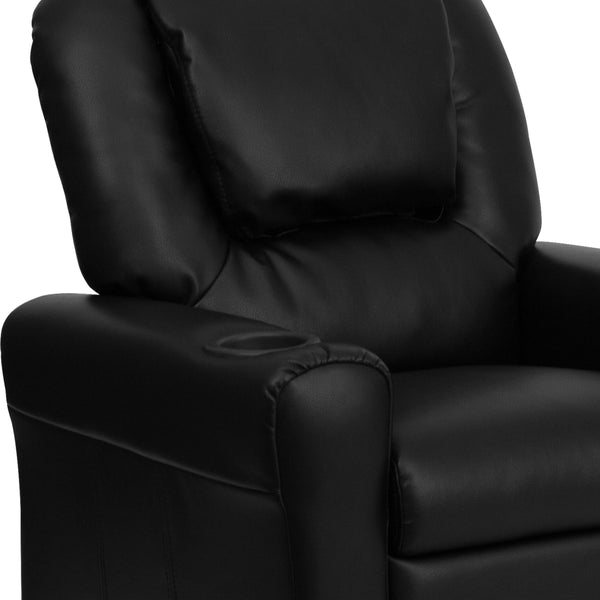 Black LeatherSoft |#| Contemporary Black LeatherSoft Kids Recliner with Cup Holder and Headrest