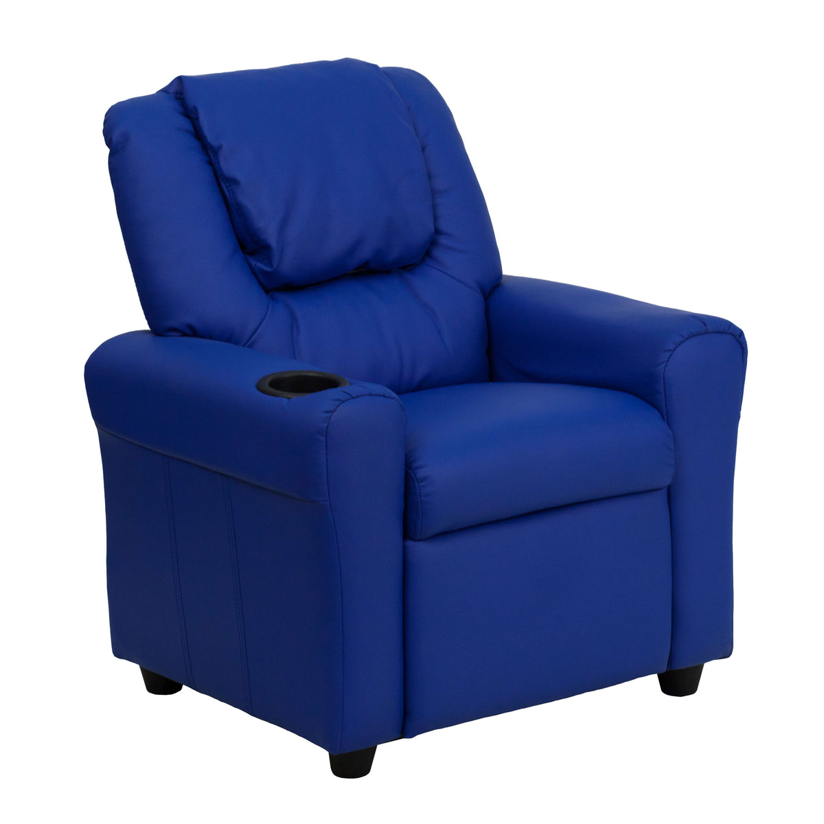 Blue Vinyl |#| Contemporary Blue Vinyl Kids Recliner with Cup Holder and Headrest