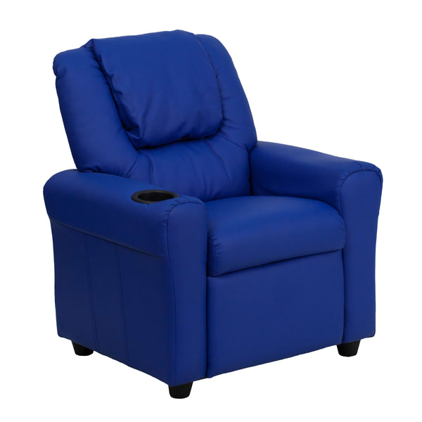 Blue Vinyl |#| Contemporary Blue Vinyl Kids Recliner with Cup Holder and Headrest