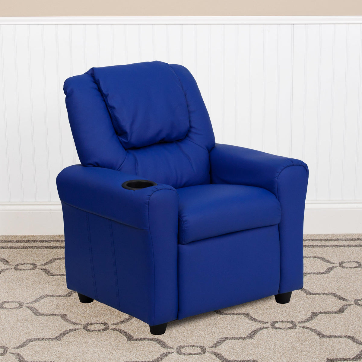 Blue Vinyl |#| Contemporary Blue Vinyl Kids Recliner with Cup Holder and Headrest