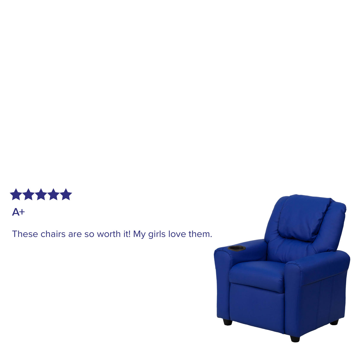 Blue Vinyl |#| Contemporary Blue Vinyl Kids Recliner with Cup Holder and Headrest