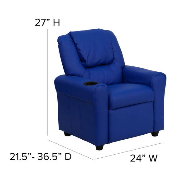 Blue Vinyl |#| Contemporary Blue Vinyl Kids Recliner with Cup Holder and Headrest