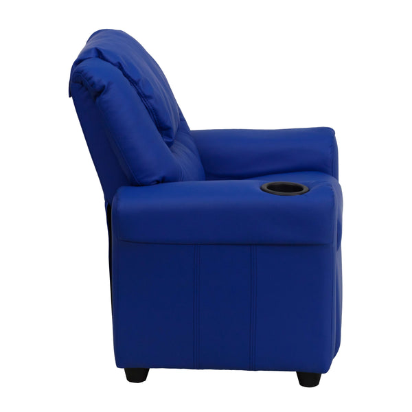 Blue Vinyl |#| Contemporary Blue Vinyl Kids Recliner with Cup Holder and Headrest