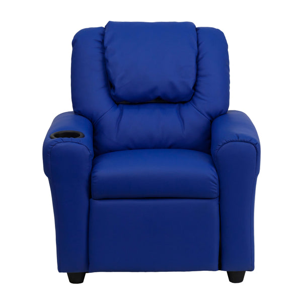 Blue Vinyl |#| Contemporary Blue Vinyl Kids Recliner with Cup Holder and Headrest