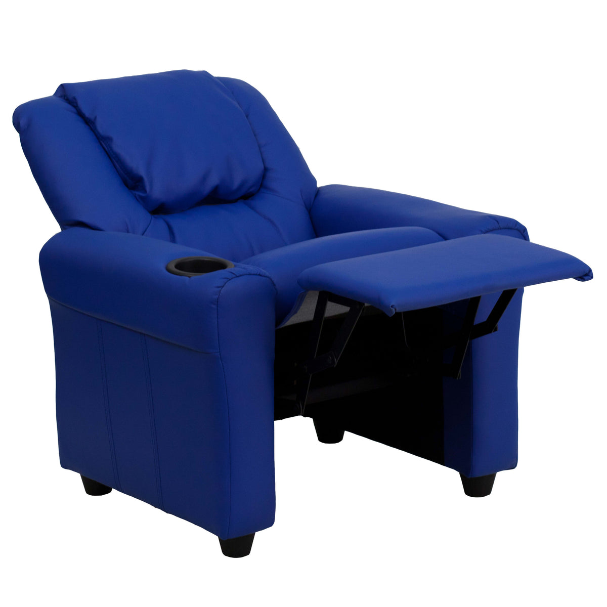 Blue Vinyl |#| Contemporary Blue Vinyl Kids Recliner with Cup Holder and Headrest