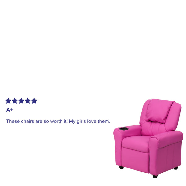 Hot Pink Vinyl |#| Contemporary Hot Pink Vinyl Kids Recliner with Cup Holder and Headrest