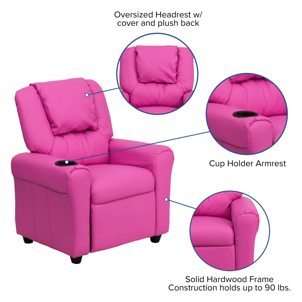 Hot Pink Vinyl |#| Contemporary Hot Pink Vinyl Kids Recliner with Cup Holder and Headrest