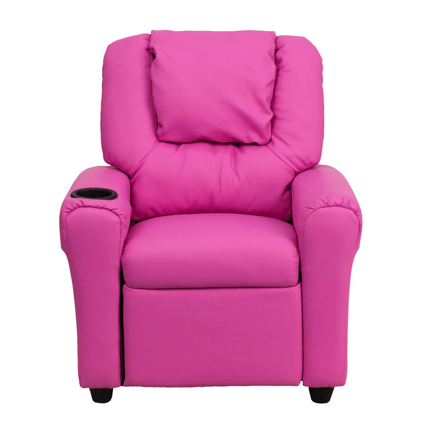 Hot Pink Vinyl |#| Contemporary Hot Pink Vinyl Kids Recliner with Cup Holder and Headrest