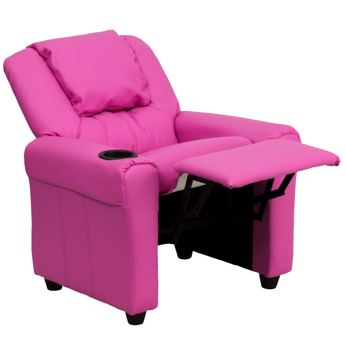 Hot Pink Vinyl |#| Contemporary Hot Pink Vinyl Kids Recliner with Cup Holder and Headrest