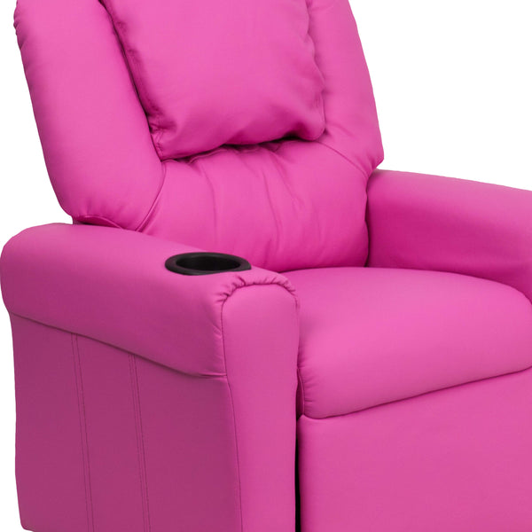 Hot Pink Vinyl |#| Contemporary Hot Pink Vinyl Kids Recliner with Cup Holder and Headrest