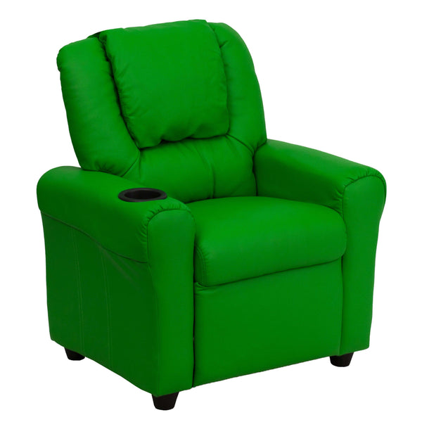 Green Vinyl |#| Contemporary Green Vinyl Kids Recliner with Cup Holder and Headrest